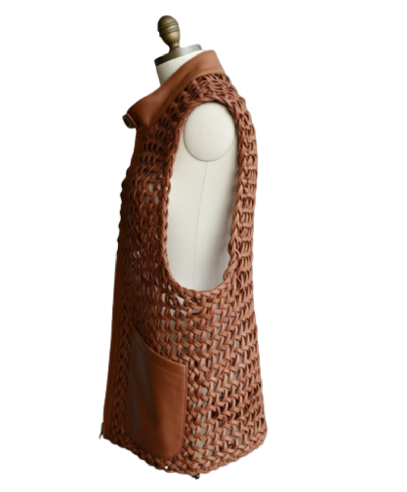 A handcrafted amber brown hand-braided leather body warmer women showing the black leather vest mens texture.