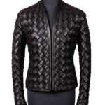 A high-end leather jacket women featuring a detailed leather black leather jacket woven sheepskin texture.