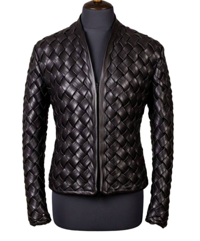 A high-end leather jacket women featuring a detailed leather black leather jacket woven sheepskin texture.