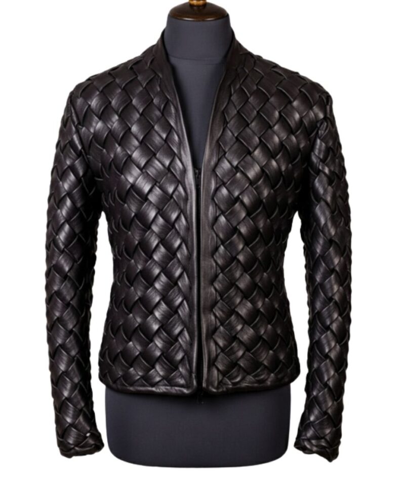 A high-end leather jacket women featuring a detailed leather black leather jacket woven sheepskin texture.