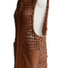 A handcrafted amber brown hand-braided leather body warmer women showing the black leather vest mens texture.