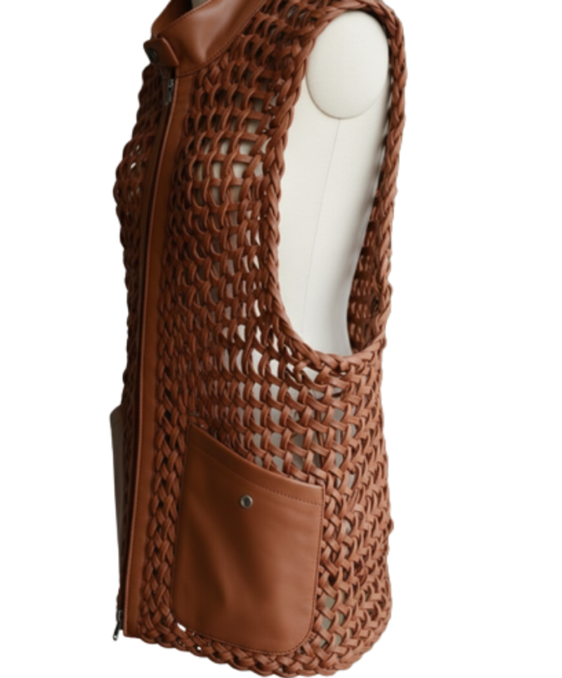 A handcrafted amber brown hand-braided leather body warmer women showing the black leather vest mens texture.