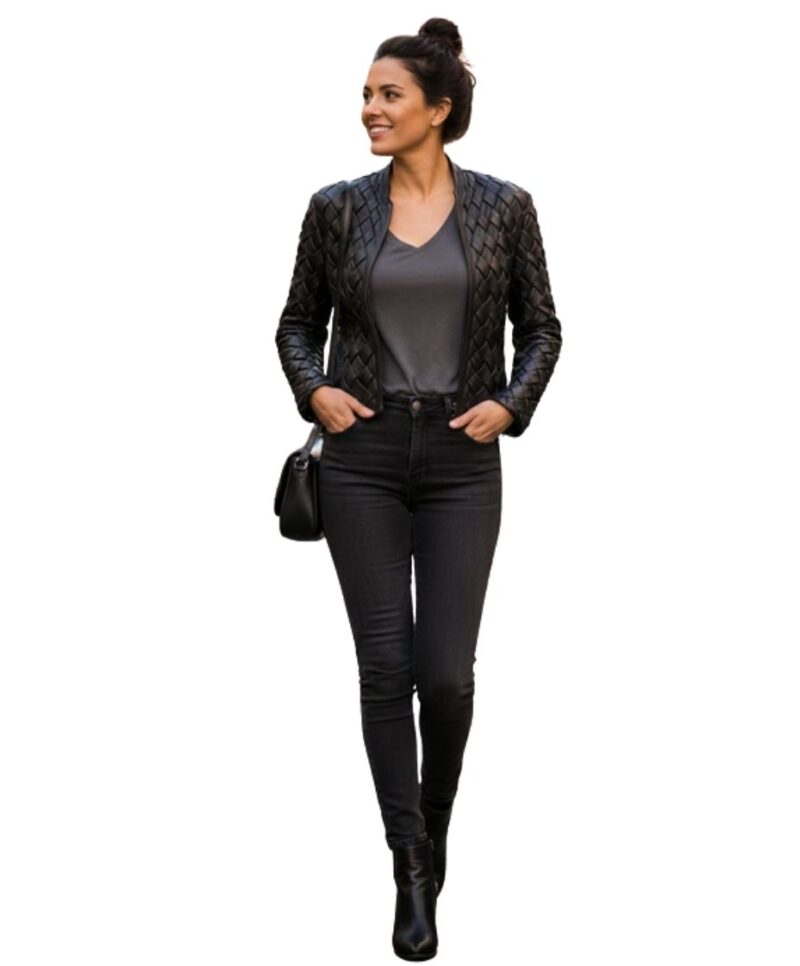 A high-end leather jacket women featuring a detailed leather black leather jacket woven sheepskin texture.