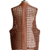 A handcrafted amber brown hand-braided leather body warmer women showing the black leather vest mens texture.