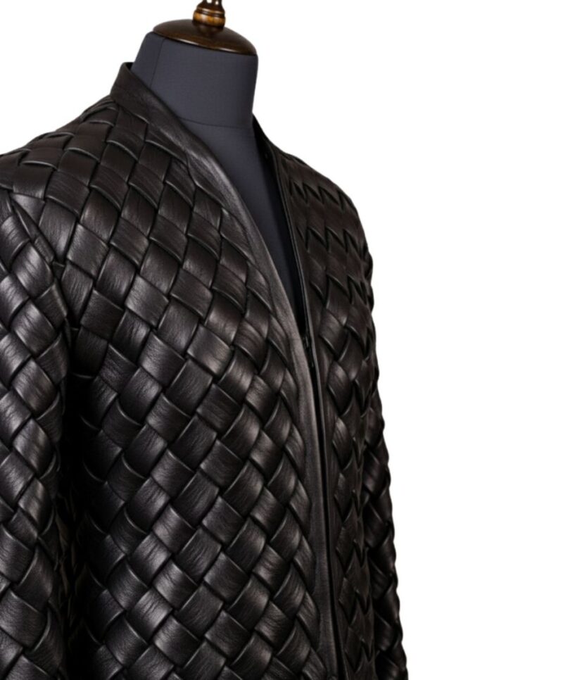 A high-end leather jacket women featuring a detailed leather black leather jacket woven sheepskin texture.