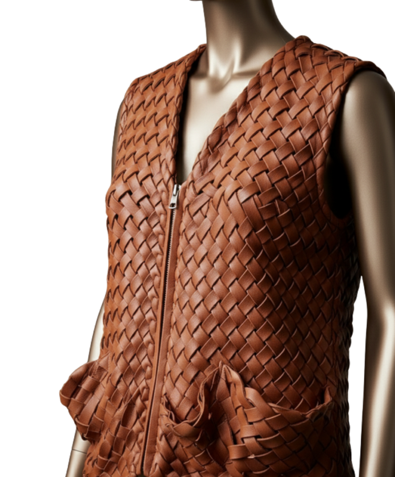 A handcrafted saddle brown custom leather vest women showing the brown leather vest women texture.
