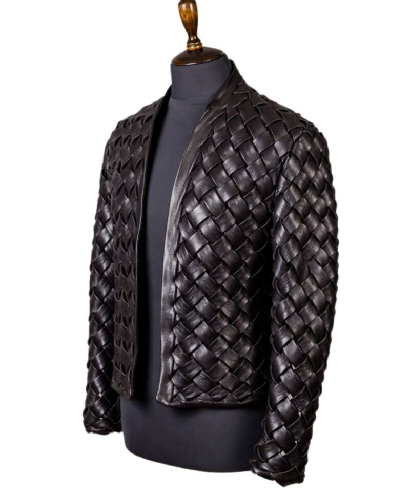 A high-end leather jacket women featuring a detailed leather black leather jacket woven sheepskin texture.