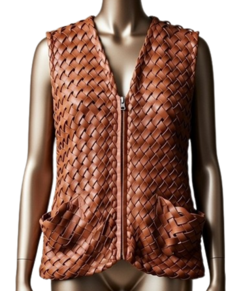 A handcrafted saddle brown custom leather vest women showing the brown leather vest women texture.