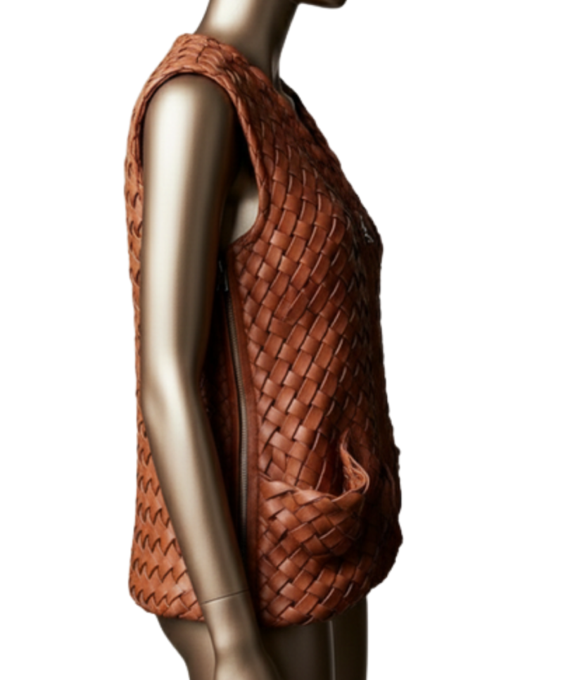 A handcrafted saddle brown custom leather vest women showing the brown leather vest women texture.