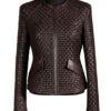 A high-end brown leather jacket women featuring a detailed leather jacket brown colour woven texture.