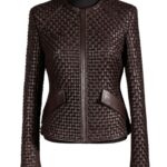 A high-end brown leather jacket women featuring a detailed leather jacket brown colour woven texture.