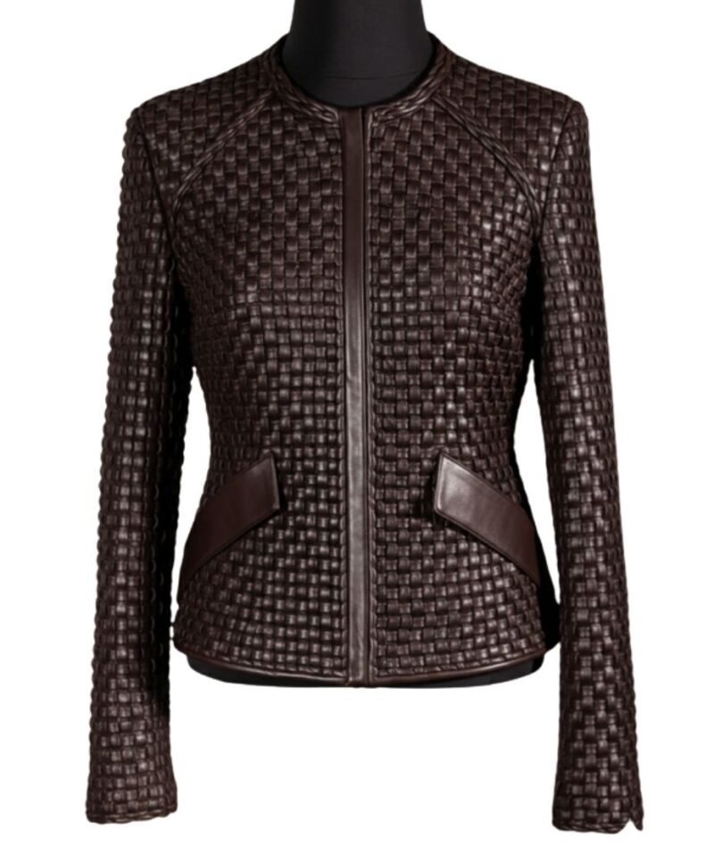 A high-end brown leather jacket women featuring a detailed leather jacket brown colour woven texture.