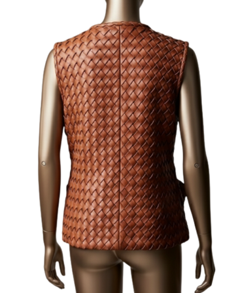 A handcrafted saddle brown custom leather vest women showing the brown leather vest women texture.