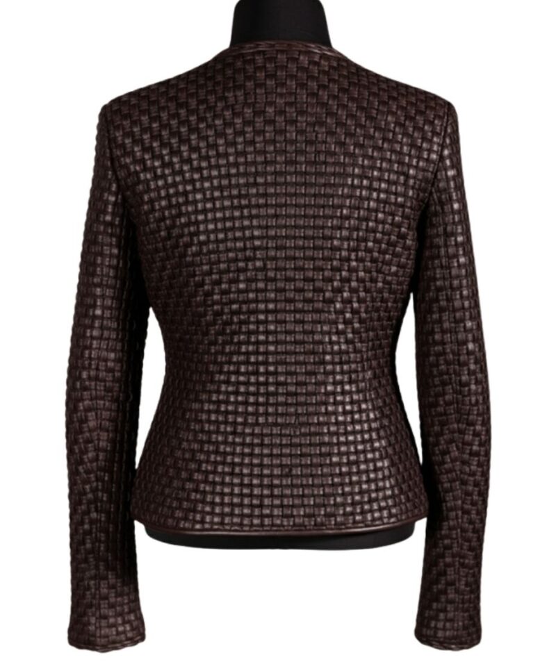 A high-end brown leather jacket women featuring a detailed leather jacket brown colour woven texture.