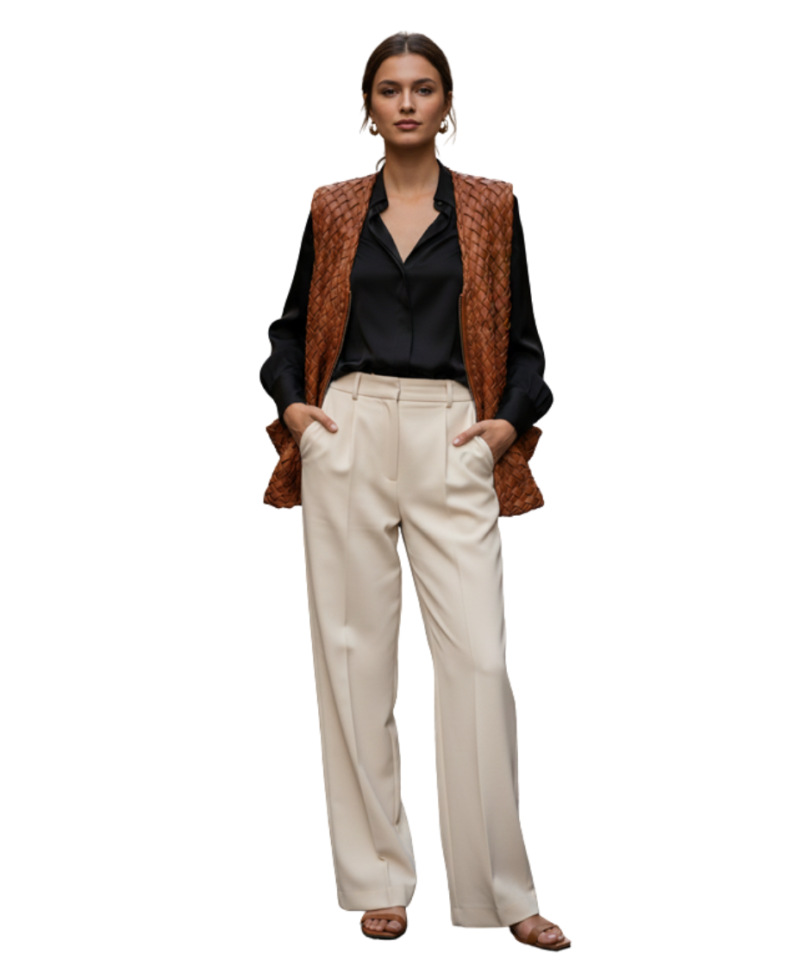 A handcrafted saddle brown custom leather vest women showing the brown leather vest women texture.