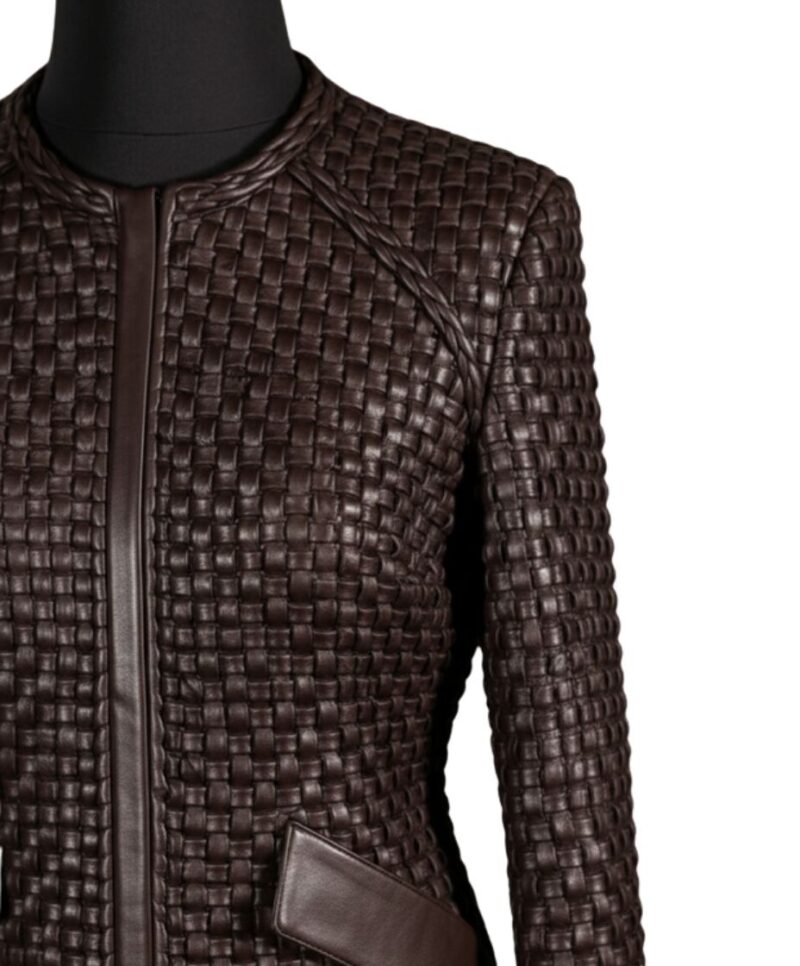 A high-end brown leather jacket women featuring a detailed leather jacket brown colour woven texture.