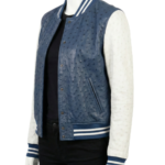 A high-end dusty navy ostrich leather varsity jacket for women.