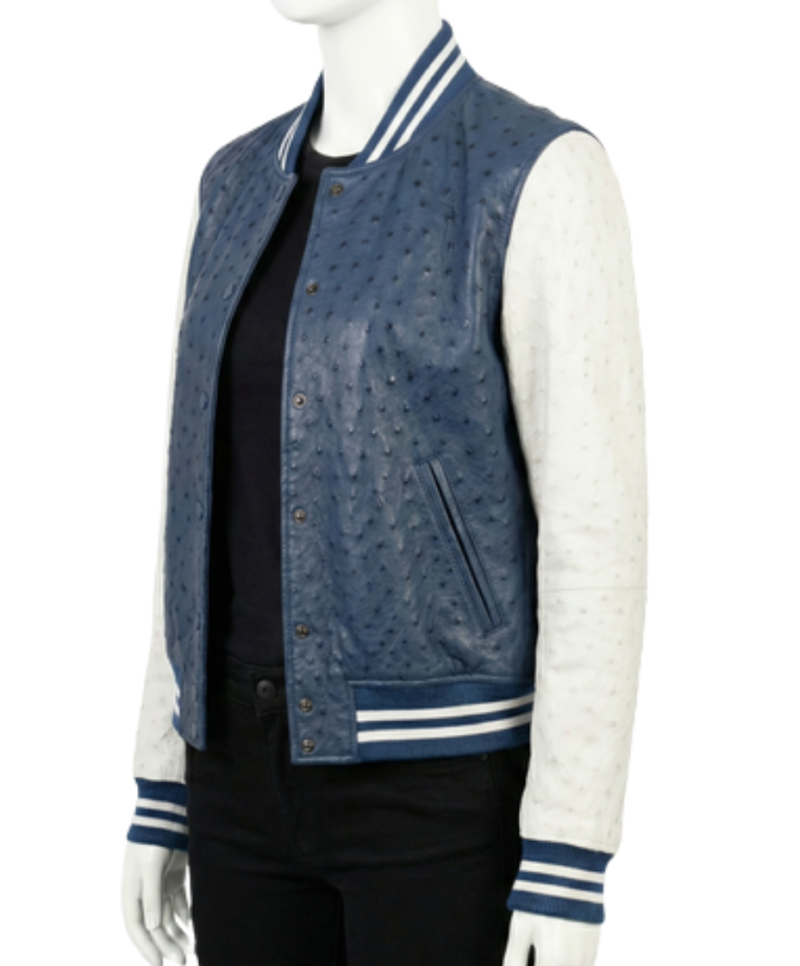 A high-end dusty navy ostrich leather varsity jacket for women.