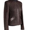A high-end brown leather jacket women featuring a detailed leather jacket brown colour woven texture.