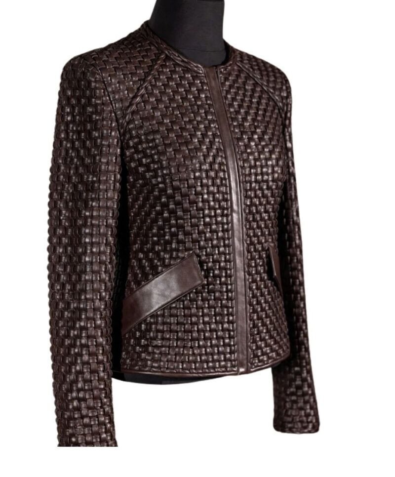 A high-end brown leather jacket women featuring a detailed leather jacket brown colour woven texture.